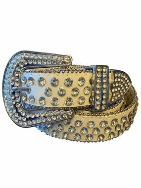 White Rhinestone Studded Western Belt Sz 42 Crystal Buckle Y2K Glam Bling Belt